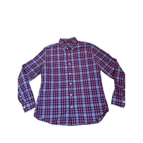 BONOBOS men's plaid casual button up 100% cotton Maroon and pale Blue slim fit L - Picture 2 of 7